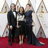 Academy Award nominee Nora Twomey wears custom Laura Jayne Halton on the red carpet of the 90th Oscars, March 4th 2018. Pictured with actress Saara Chaudry and Producer Anthony Leo